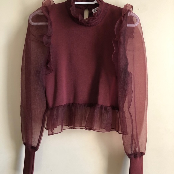 Zara burgundy red sheer-sleeve blouse - Picture 2 of 4